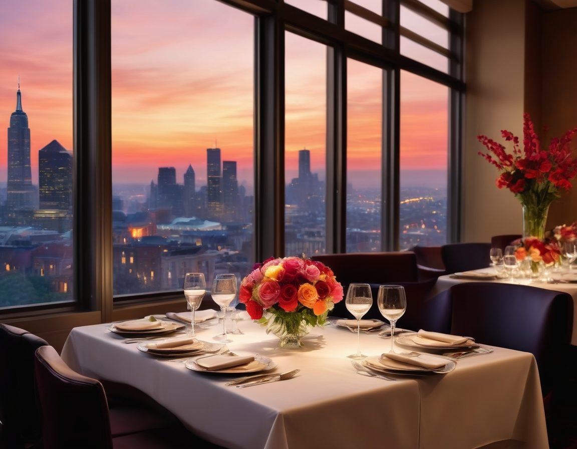 A glamorous, upscale restaurant setting with elegantly dressed couples enjoying each other's company. Incorporate luxurious elements like fine wine, exotic flowers, and soft lighting to evoke romance and intimacy. Add subtle hints of conversations or laughter in the background to capture the essence of exclusive encounters. Include a stylish city skyline visible through large windows to symbolize sophistication. super-realistic. vibrant colors. elegant ambiance.
