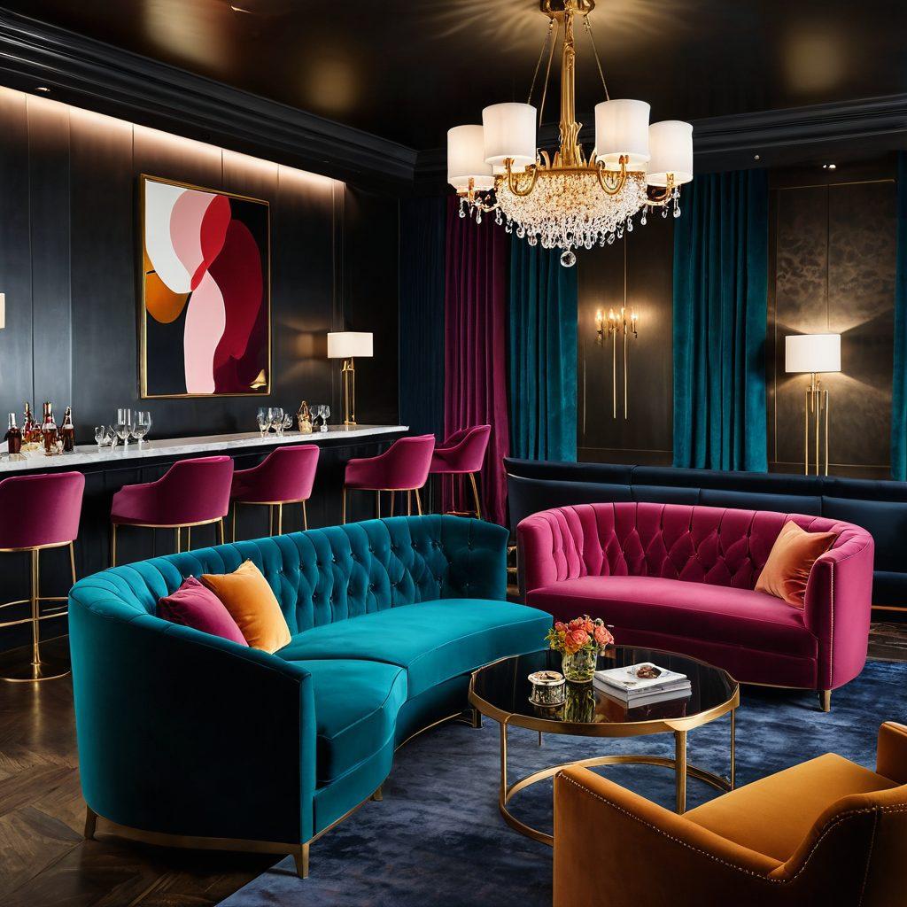 A stylish and elegant scene depicting a sophisticated lounge with plush seating, soft lighting, and a bar in the background. A diverse group of stylish adults engaged in conversation, sipping cocktails, and exchanging glances, embodying the world of adult entertainment. Include subtle hints of flirtation and connection in their body language. The atmosphere should feel inviting yet exclusive, with hints of glamour. vibrant colors. super-realistic.