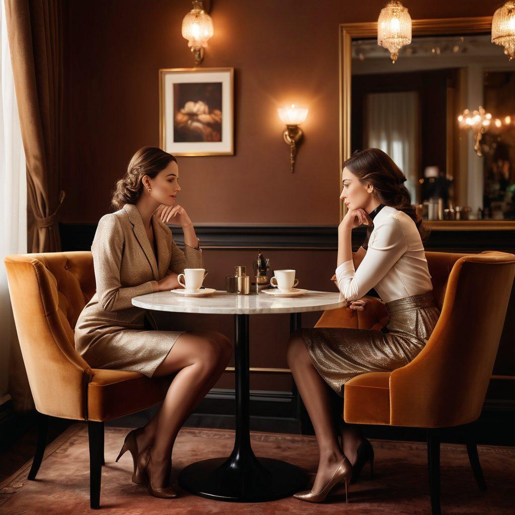 A stylishly dressed couple in an elegant café, softly illuminated by ambient lighting, engaging in deep conversation over coffee. Around them, subtle hints of luxury, such as designer bags and plush surroundings, evoke the essence of sugar dating. The background features tasteful artwork and rich textures, creating an inviting atmosphere. Capture the allure of adult entertainment with hints of glamour and sophistication. super-realistic. warm tones. soft focus.